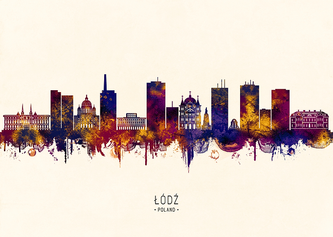 Lodz, Poland Skyline Watercolor Silhouette