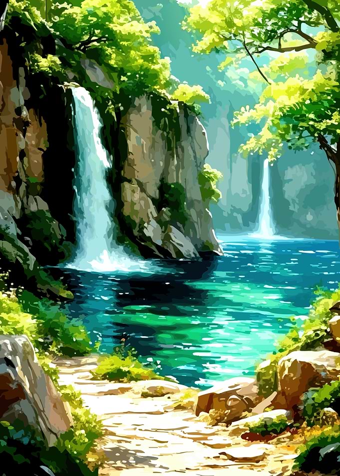 Lush Waterfall Landscape Painting