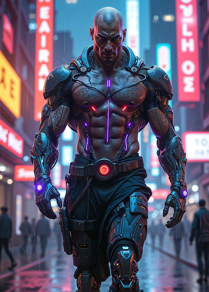 Cyberpunk Warrior in Neon Cityscape