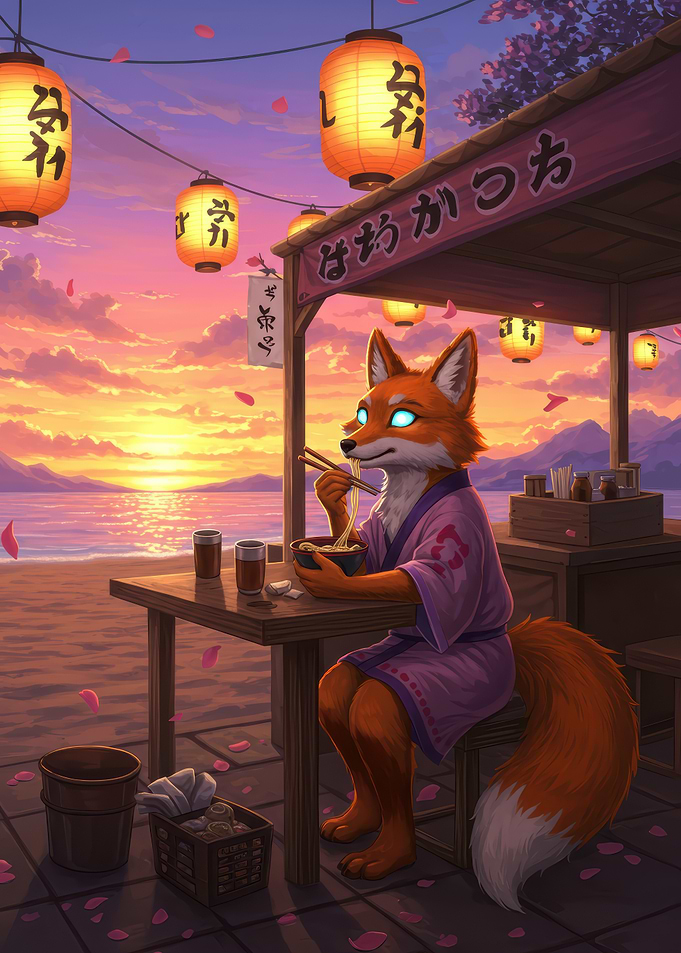 Fox eating ramen at sunset
