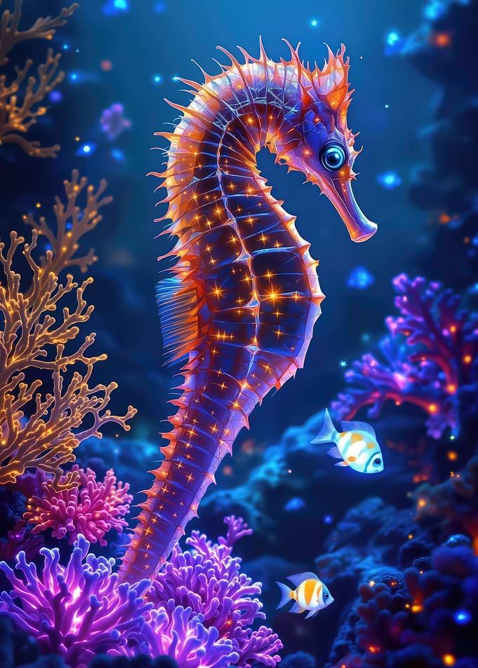 Glowing Seahorse in Coral Reef