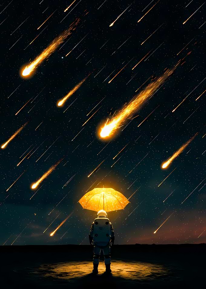 Astronaut under meteor shower with umbrella