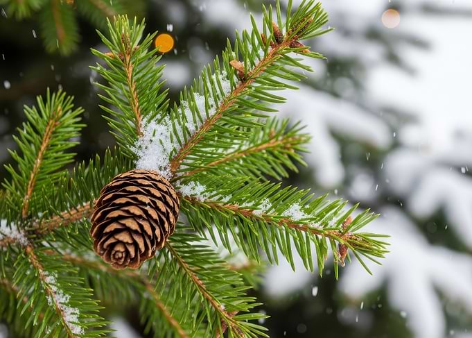 Pine Cone on Snowy Evergreen Branch