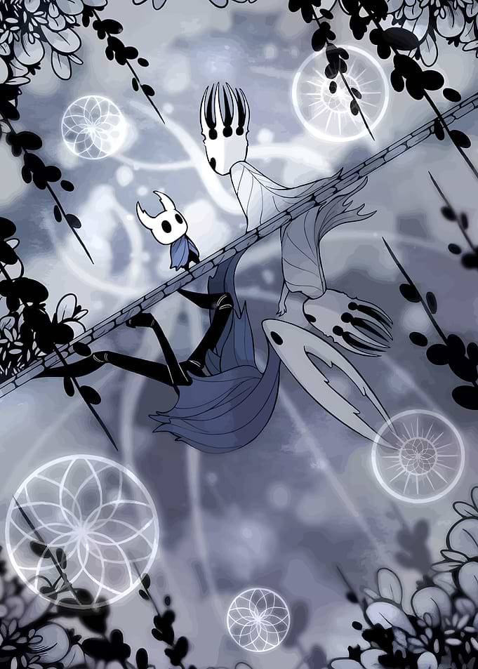 Hollow Knight characters on a branch