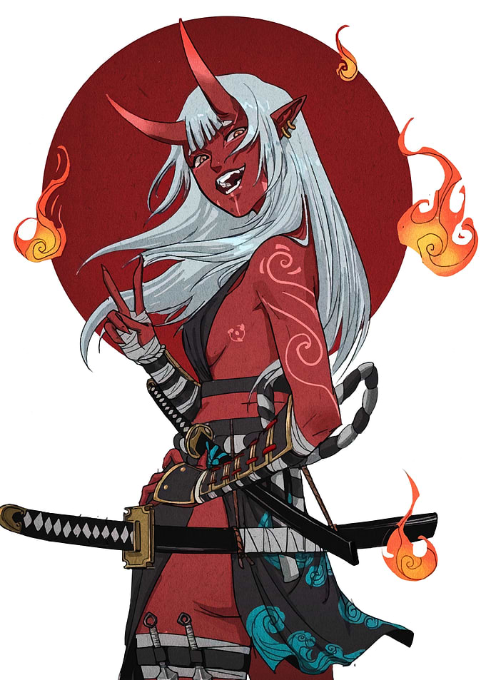 Oni Girl with Katana Illustration