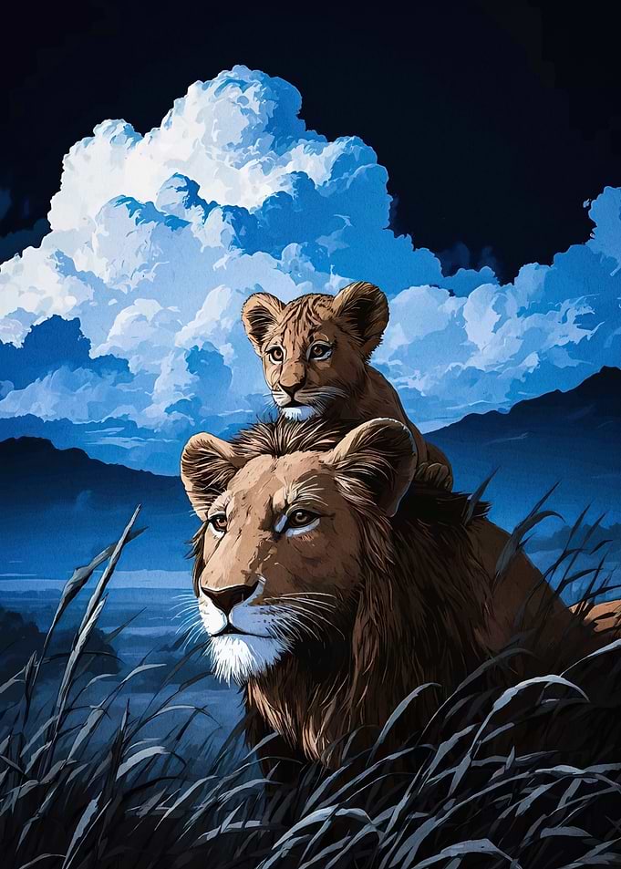 Lion and Cub Cloudy Sky
