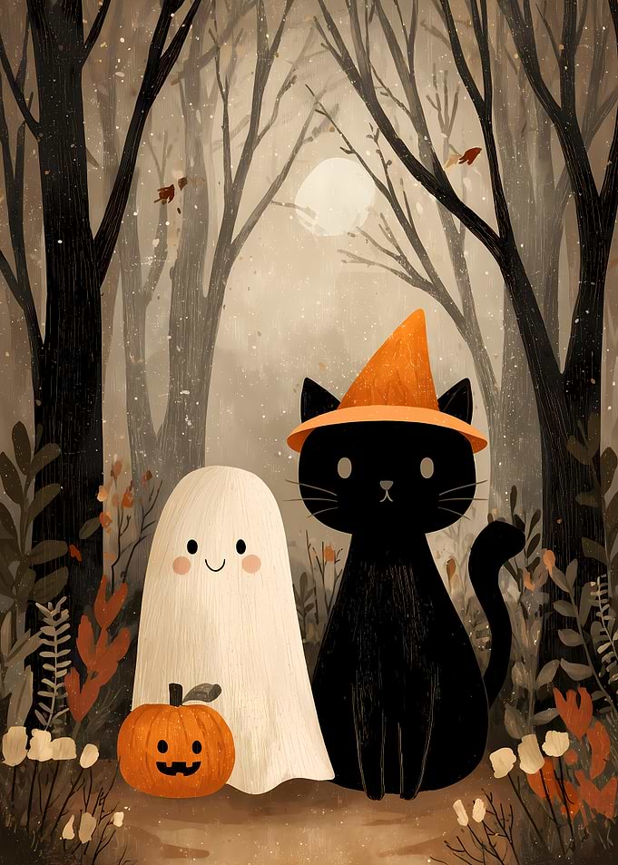 Halloween Ghost, Cat, and Pumpkin Illustration