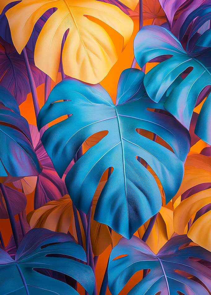 Colorful Monstera Leaves on Orange Background | Botanical wall art