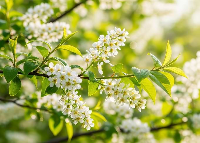 White Blossoms and Green Leaves