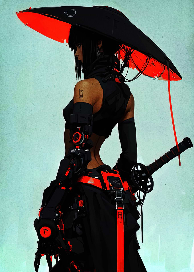 Cyberpunk Warrior with Katana and Umbrella