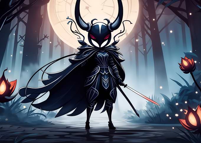 Hollow Knight-inspired character in dark forest