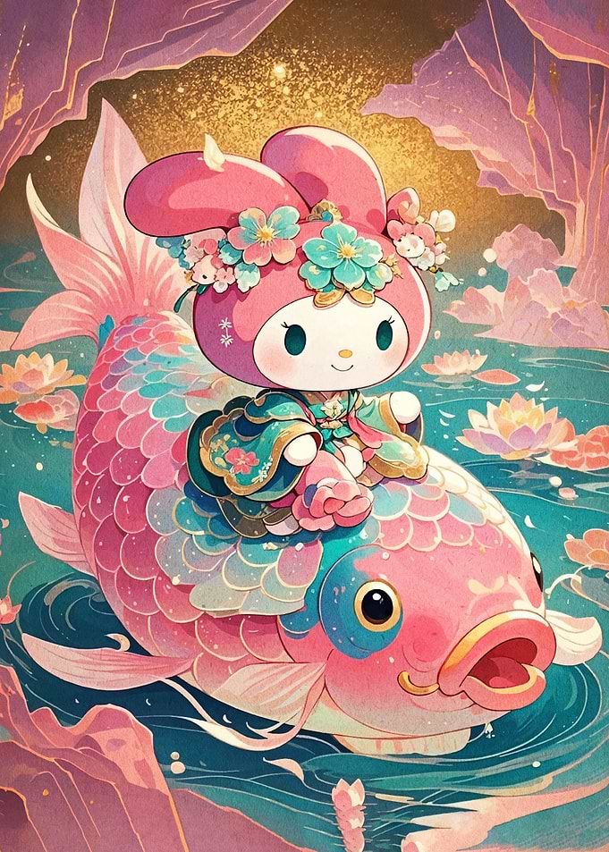 My Melody riding a koi fish