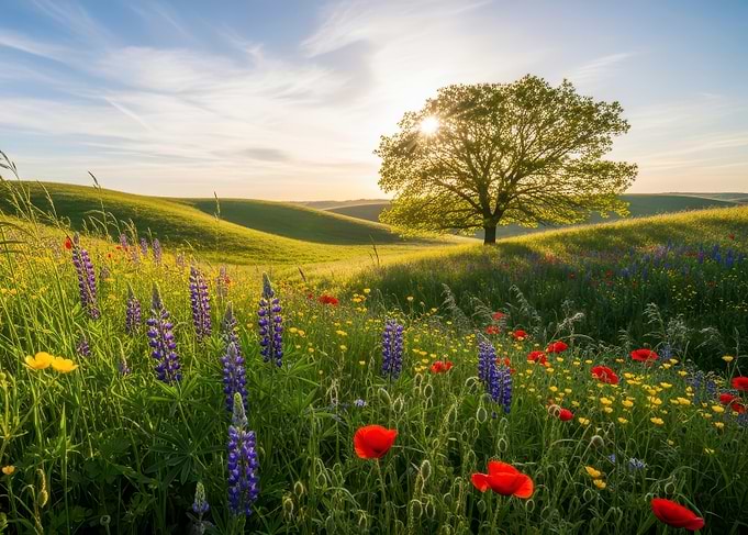 Scenic Field with Flowers and Tree