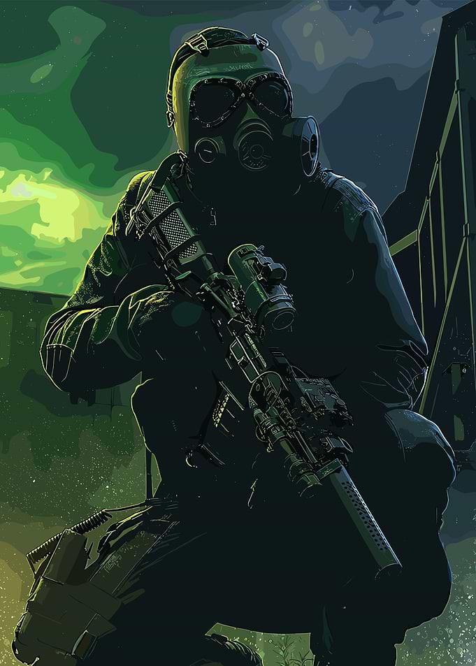 Soldier with Gas Mask and Rifle