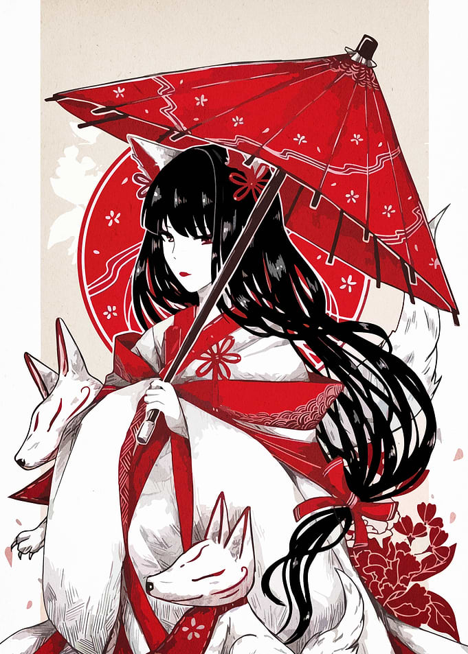 Fox Spirit Girl with Red Umbrella