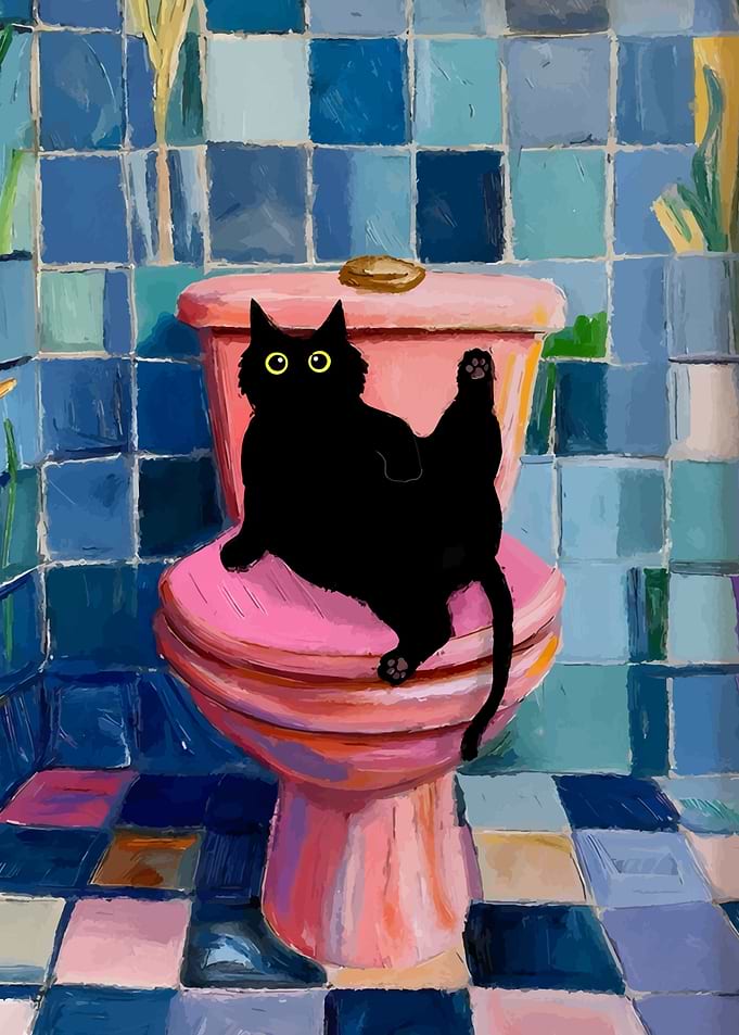 Black Cat on Pink Toilet Painting