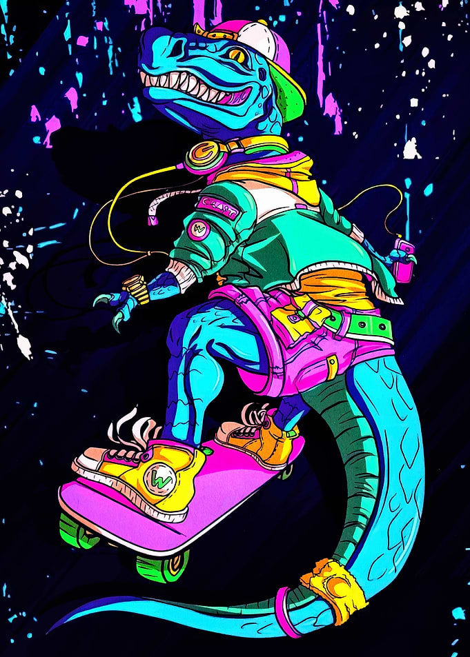 Skateboarding Dinosaur with Retro Style