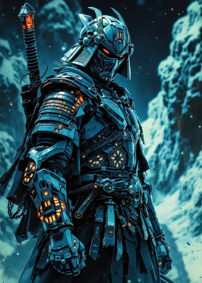 Cyberpunk Samurai Warrior in Blue Armor