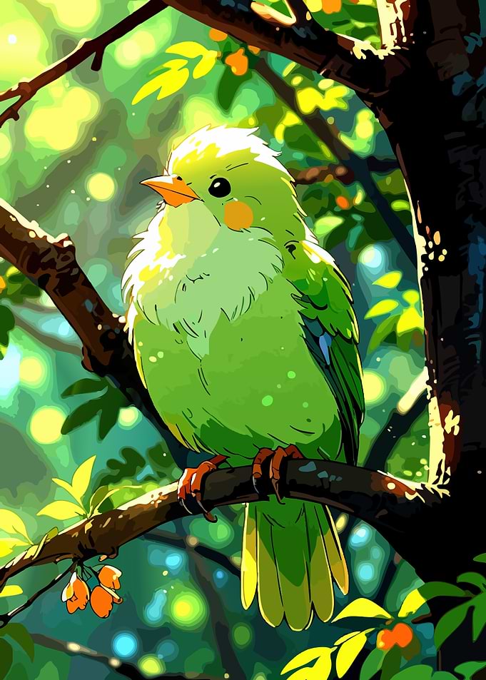 Green Bird on Branch Digital Art