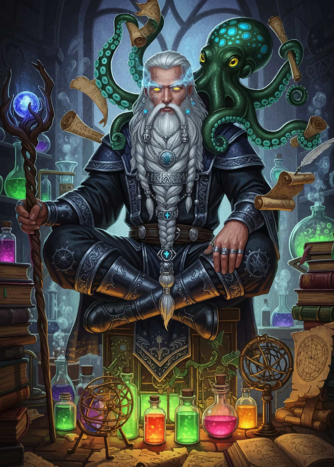 Fantasy Wizard with Octopus Familiar