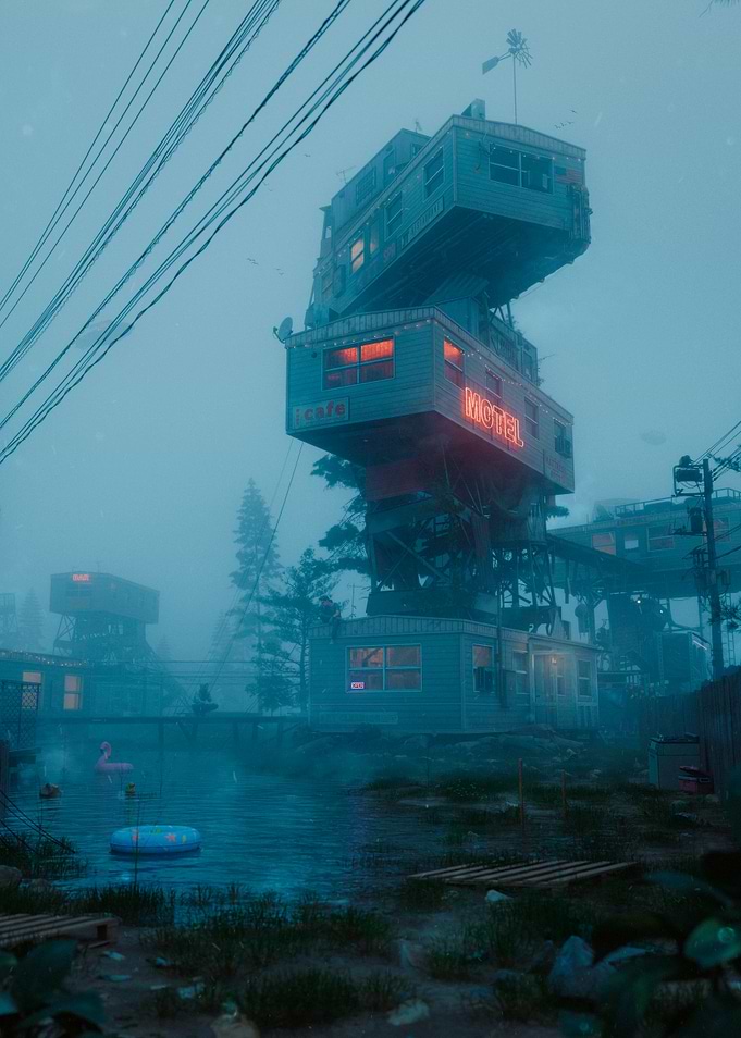 Tall Pines - Surreal Stacked Motel in Foggy Landscape