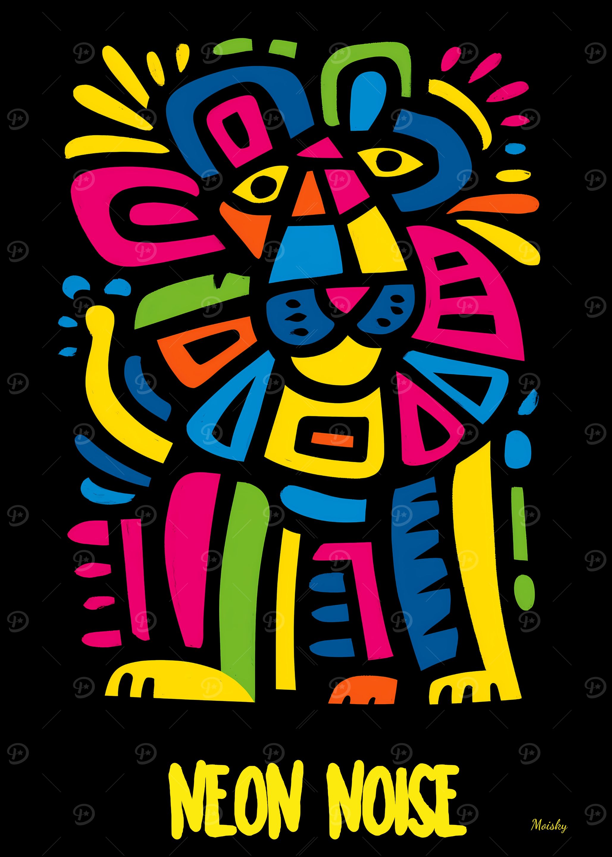 Neon Noise Lion – Abstract Pop Tribal Art