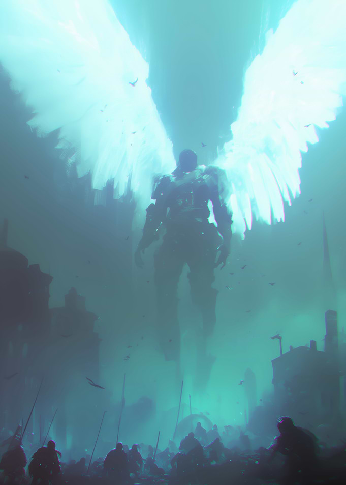 Winged Figure Overlooking a Crowd