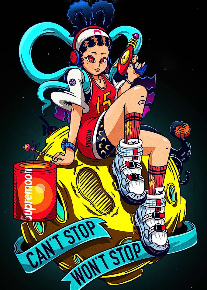 Cartoon Girl on Moon with Toy Gun