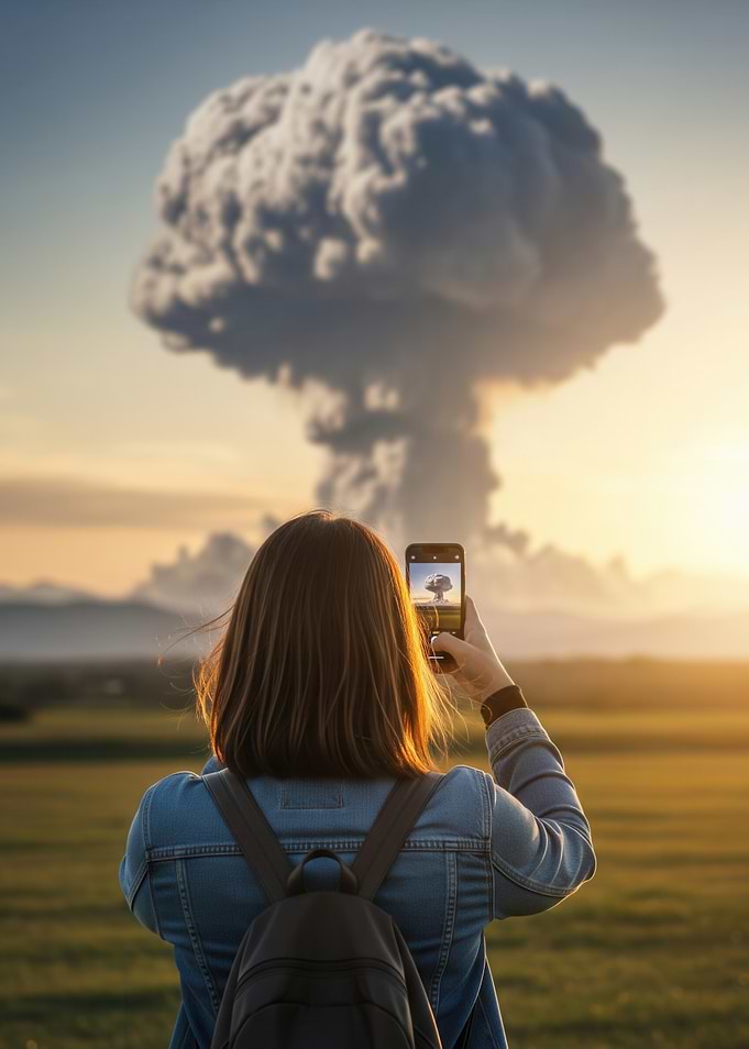 Woman photographing a mushroom cloud