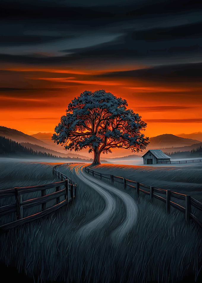 Sunset Landscape with Tree and Barn