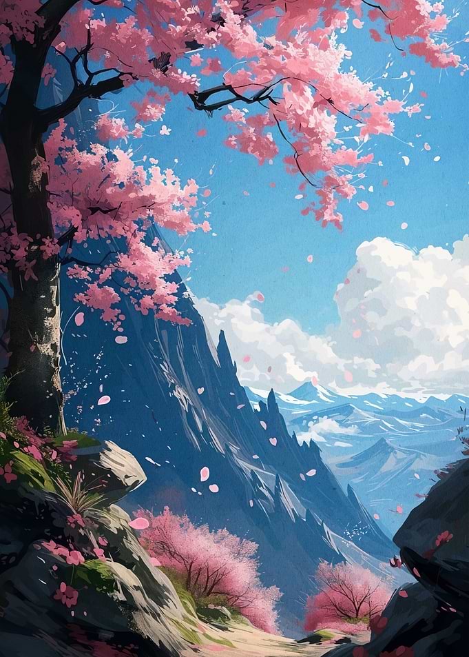 Cherry Blossom Mountain Landscape