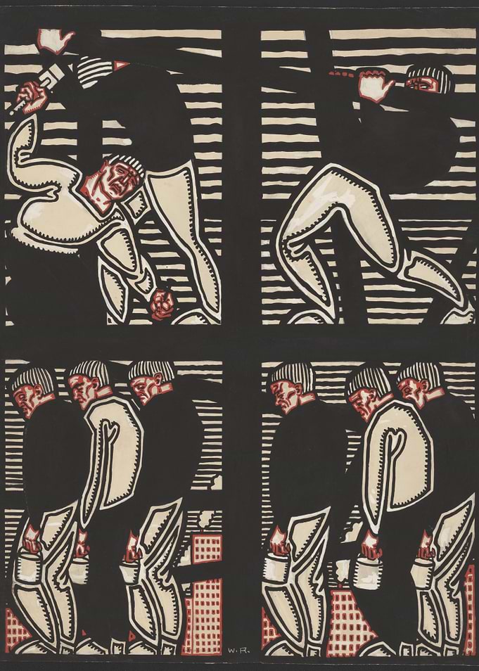 Expressionist Woodcut Print of Laborers