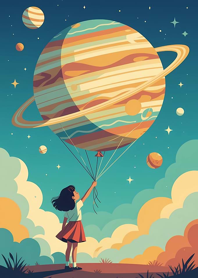Girl Holding Planet Balloon in Sky