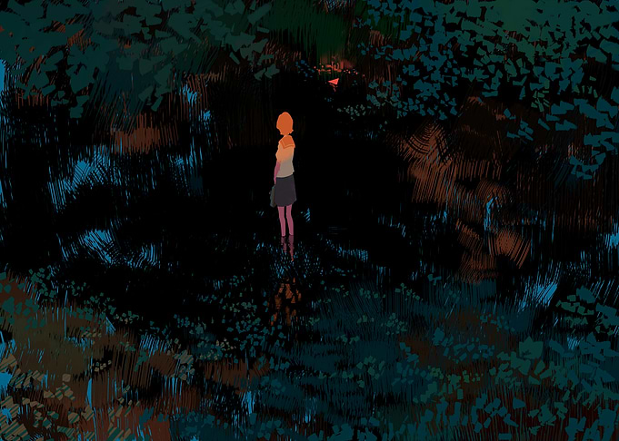 Girl in Dark Forest Illustration