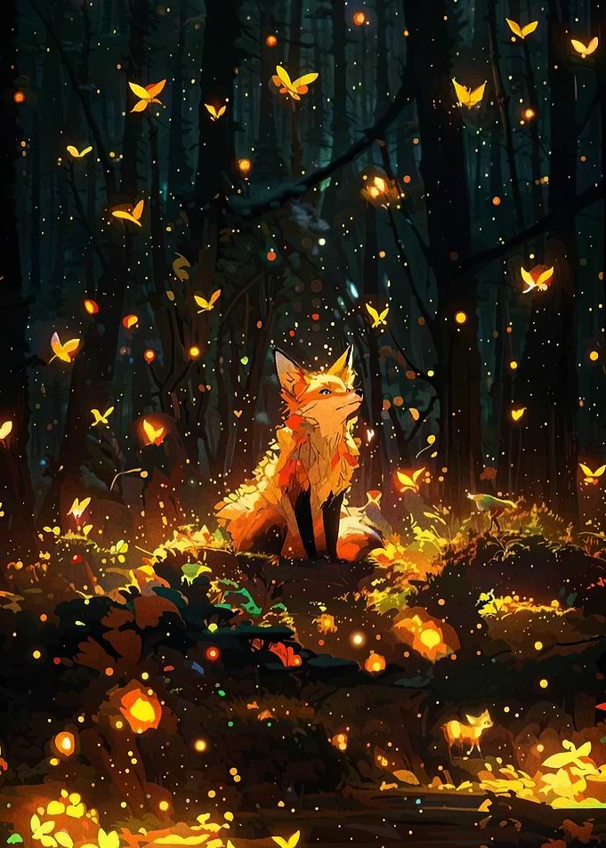 Fox in Enchanted Forest with Butterflies