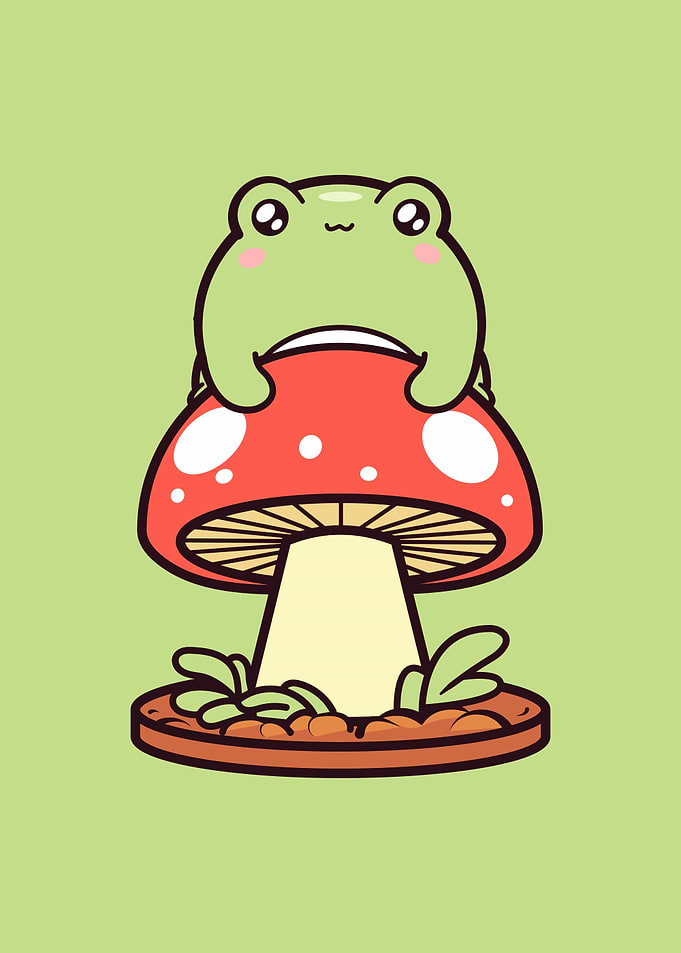 Cute Frog on Mushroom Cartoon Illustration
