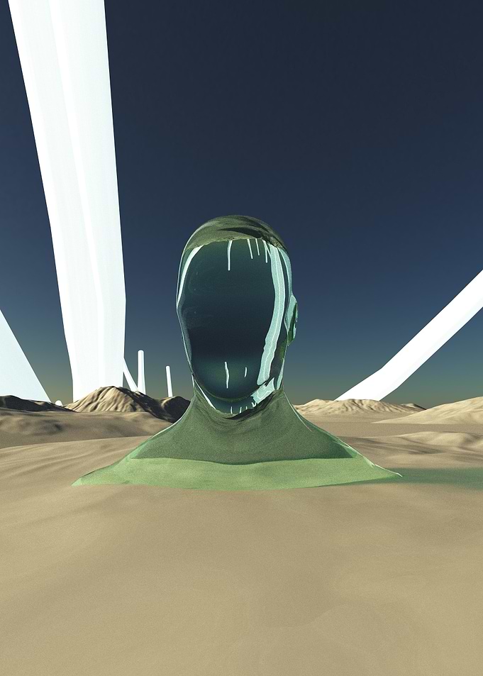 Surreal Desert Head with Light Beams