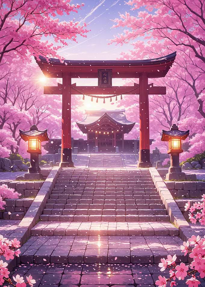 Japanese Shrine Torii Gate with Cherry Blossoms Sakura