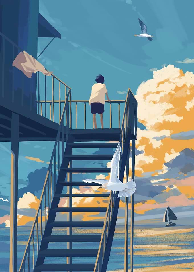 Seaside View with Figure and Seagulls