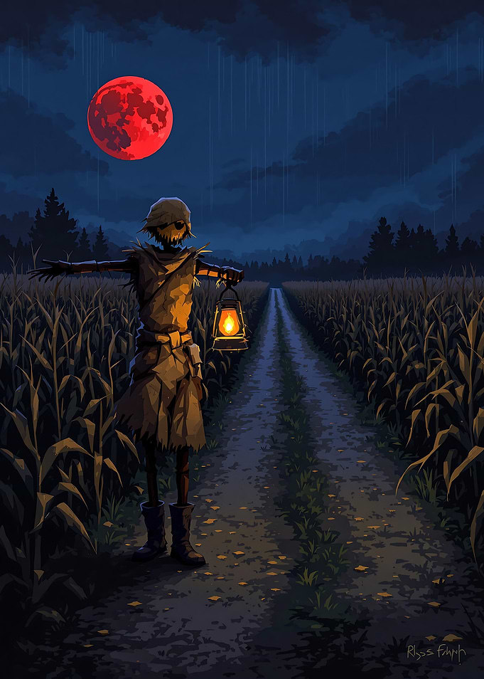 Scarecrow in Cornfield with Red Moon