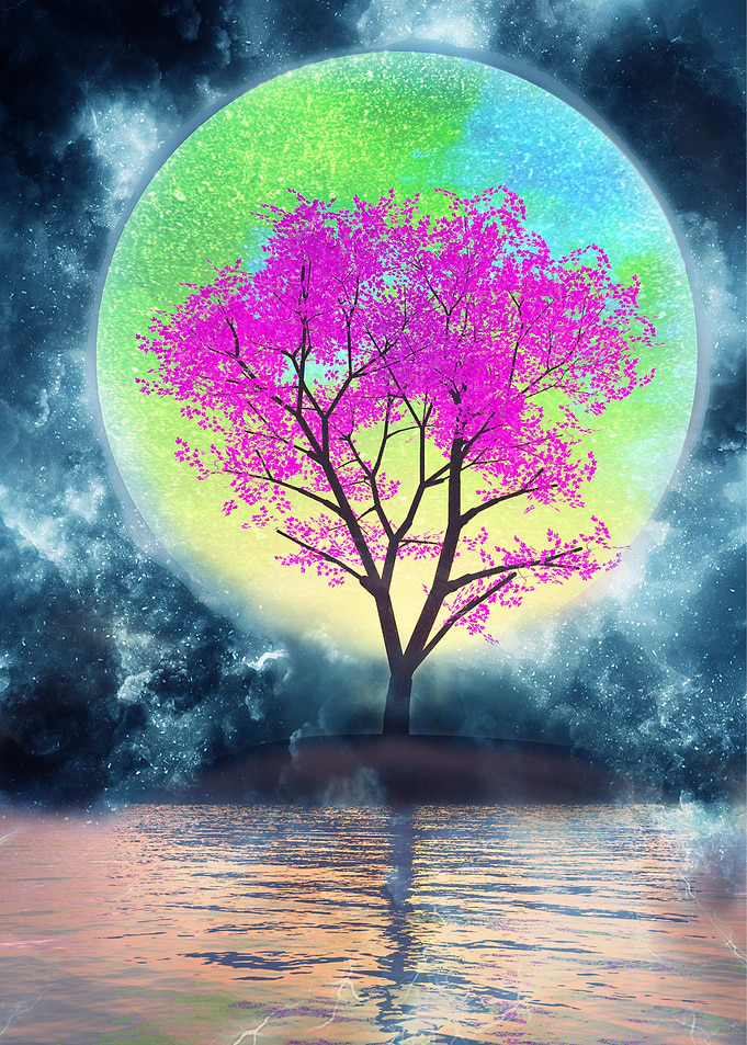 Pink Tree Under Colorful Moon
