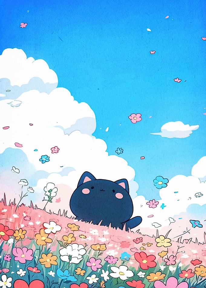 Cute Cat in Flower Field