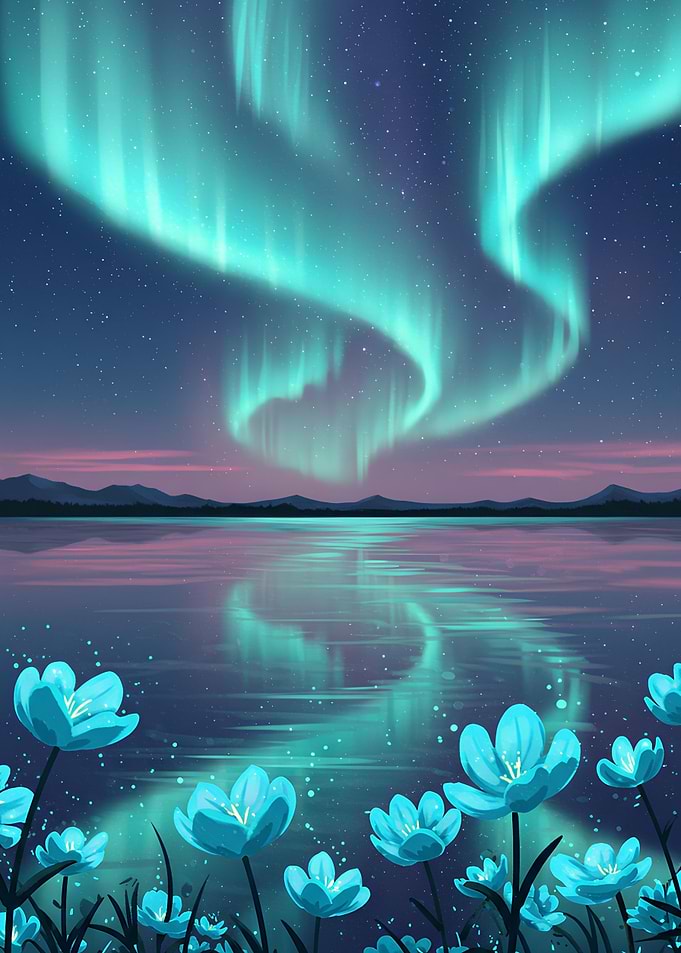 Aurora Borealis over Water with Flowers