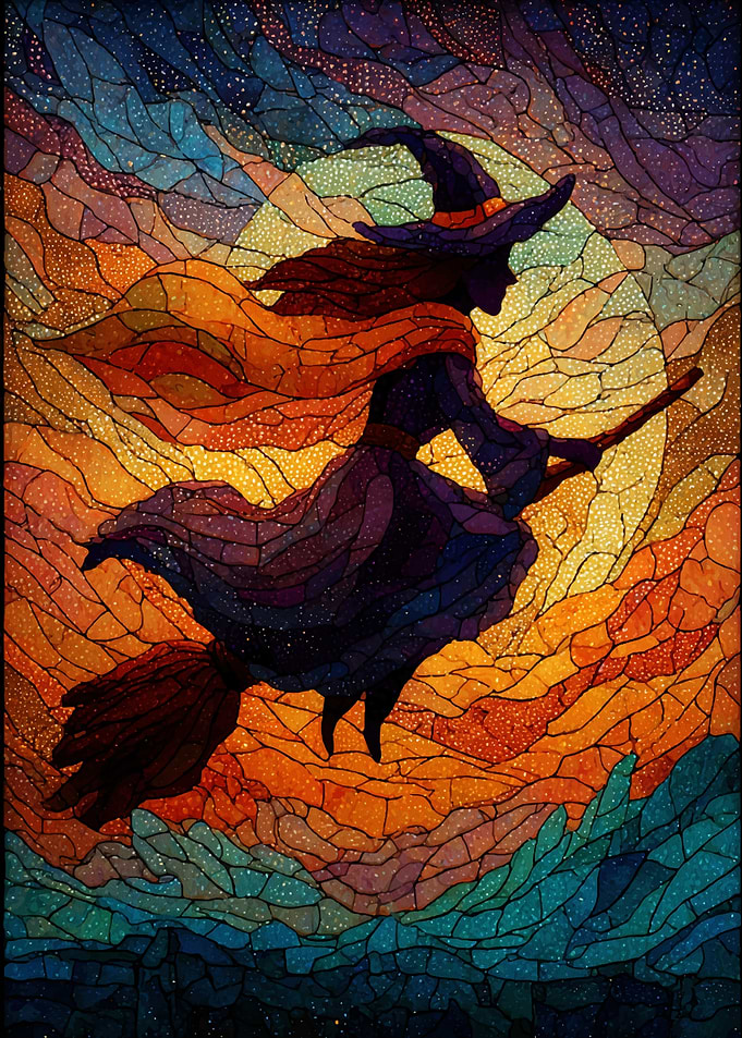 Witch on Broomstick Stained Glass Art
