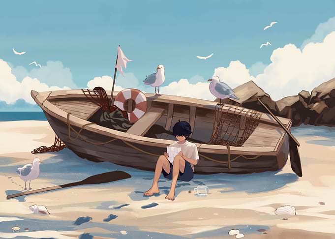 Boy reading by boat on beach
