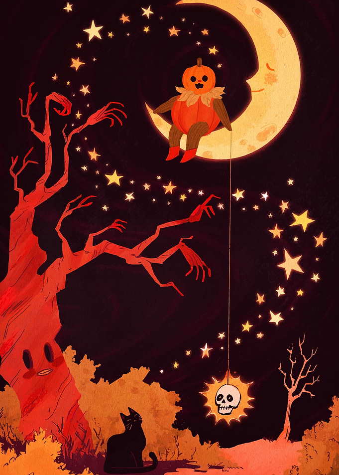 Halloween Night with Pumpkin and Moon
