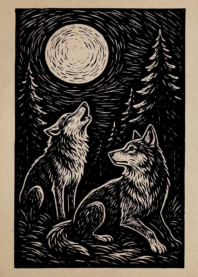 Wolves Howling at the Moon Linocut