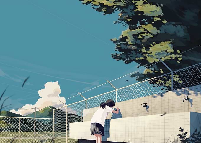 Anime Girl at School Water Fountain