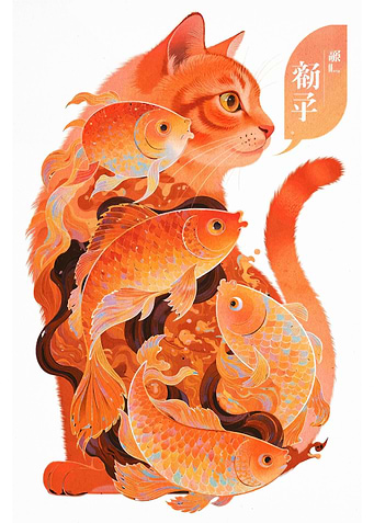 Orange Cat and Goldfish Illustration
