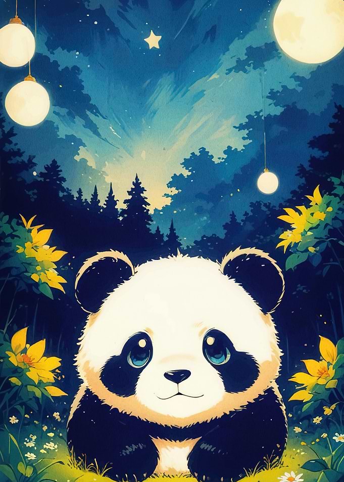 Cute Panda Forest Night Scene